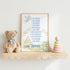 a framed poster with a list of personal qualities, a teddy bear, and a stack of colorful blocks on a shelf.