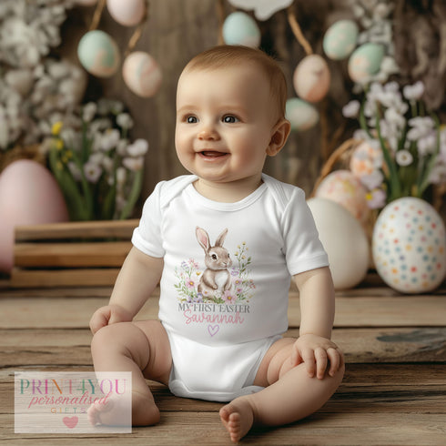 Easter Babygrow, Babies 1st Easter, My First Easter, First Easter sleepsuit, New baby gift, Easter baby outfit, Bunny Rabbit with Flowers