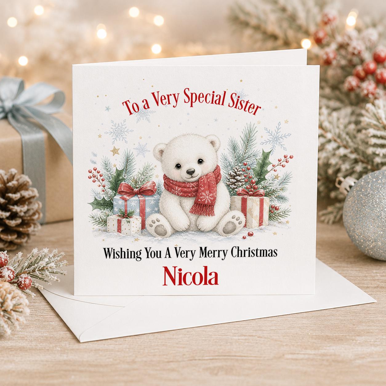 Personalised polar bear Christmas card, white 6x6 inch square card printed with a polar bear cub in a red scarf and presents with a name