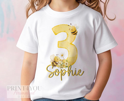 Personalised Bee Birthday T-Shirt – Custom Name & Age Top for Girls 1–10 – Yellow Daisy Design, Cotton DTG Tee, Gift Idea