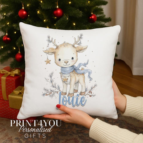 Personalised Reindeer Cushion – Christmas Baby Pillow with Custom Name, Soft Polyester