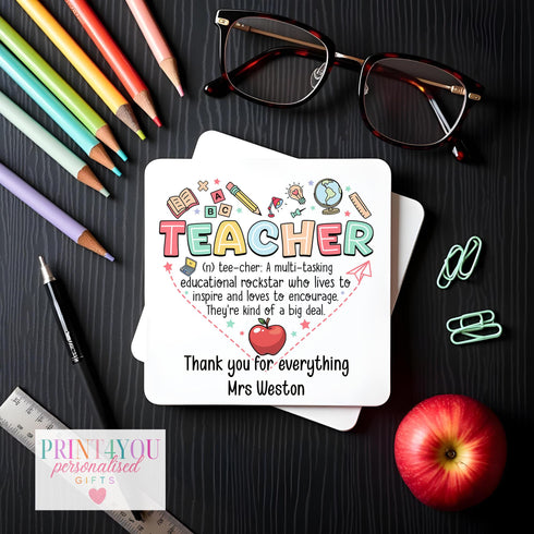 Custom Teacher Coaster with Name Cork Backed Appreciation Gift for End-of-Term or Year Heartfelt Teacher Nouns