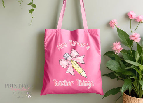 Personalised Teacher Tote Bag with Pencil Bow - Custom Name Gift for End of Term