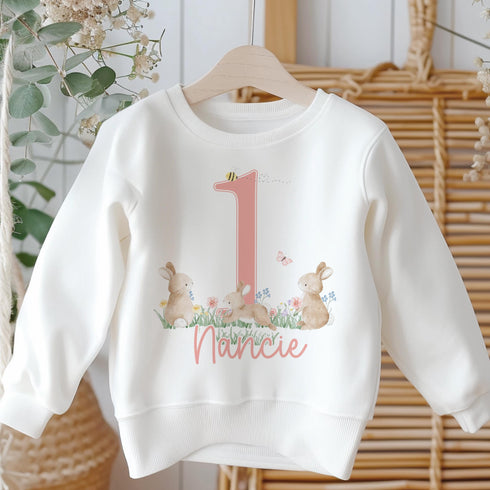 Personalised First Birthday Jumper, Birthday Sweatshirt for Children, I am One, Bunnies & Flowers Jumper