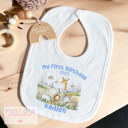 Personalised First Birthday Outfit β Safari Animal Design | Pink or Blue | T-Shirt, Vest, Sleepsuit, Bib or PJs β DTG Printed Baby Gift