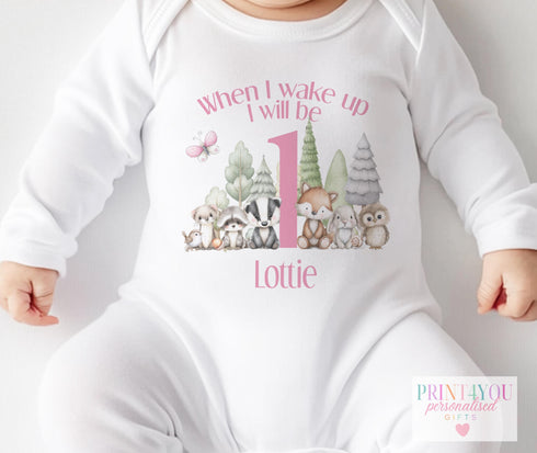 Woodland 1st Birthday Outfit | “When I Wake Up I’ll Be One” Personalised Baby Vest, T-Shirt or Sleepsuit | Forest Animal Design