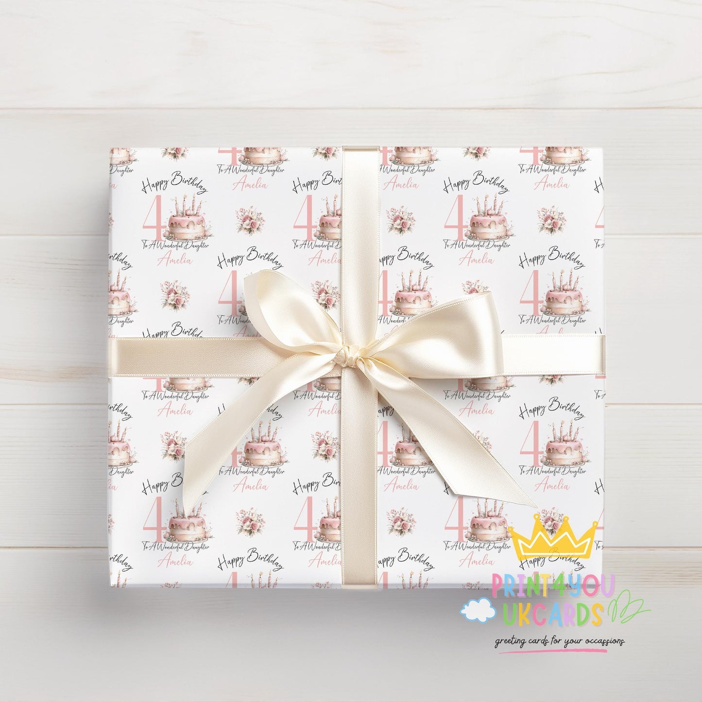 An additional close-up of the pink birthday cake and floral pattern printed on the wrapping paper