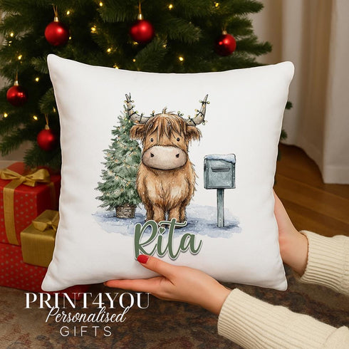 Personalised Christmas Cushion – Highland Cow Pillow with Custom Name | Festive Gift