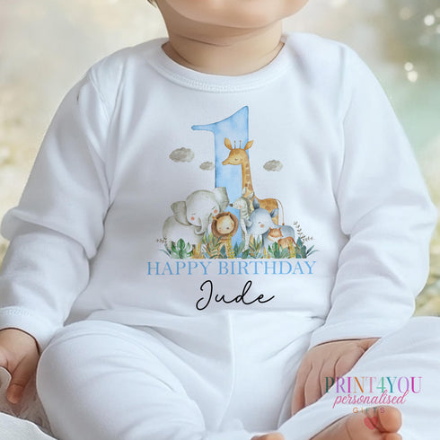 Personalised Blue Safari First Birthday T-shirt Sleepsuit Vest or Bib