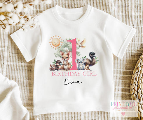 1st Birthday Girl Outfit, Australian Animal Baby Vest, Personalised Birthday Bodysuit, Pink Custom Baby T-Shirt, Koala Kangaroo Sleepsuit