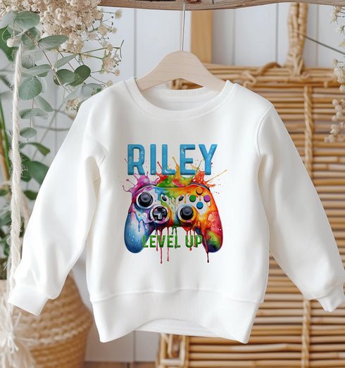 Personalised Sweatshirt Jumper For Children. White Cotton Sweatshirt - Colourful Gaming Controller and name