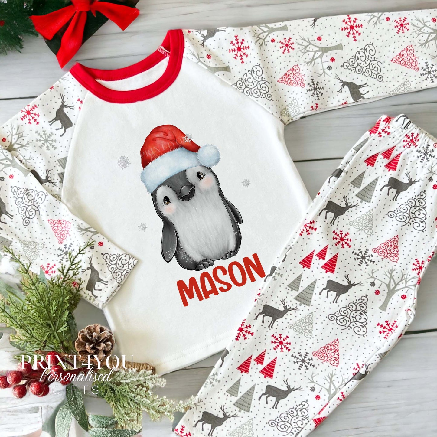 Personalised Reindeer Print Children's Christmas Pyjamas – Cute Penguin - 2-3 years