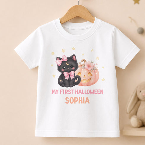 Personalised First Halloween Outfit, Baby Girl Black Cat Pumpkin Vest