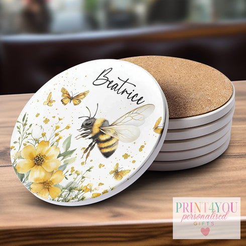 Personalised Bumble Bee Mug and Coaster Set on Wild Flowers Thoughtful Gift Idea