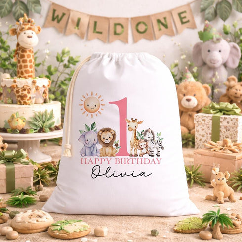 Wild One Birthday Sack – Personalised Safari Animal Gift Bag for 1st Birthday - A3 White Sack