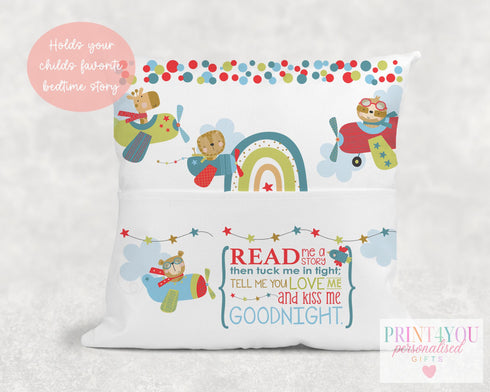 Children's Personalised Book Cushion, Personalised Gift for Children, Birthday Gift Ideas, Airplane Cushion, Perfect for Bedtime Stories