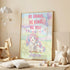 a poster with a unicorn and a bunny, along with the text "Be brave, be kind, be you" and the name " Jessica". The poster is displayed in a room with a rocking horse, a stuffed rabbit, and some blocks.