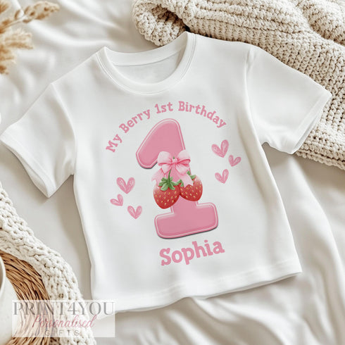 Personalised My Berry First Birthday | Berry 1st Birthday Baby T-Shirt | Pink Strawberry Birthday Outfit for Girls | Sleepsuit Vest and Bib