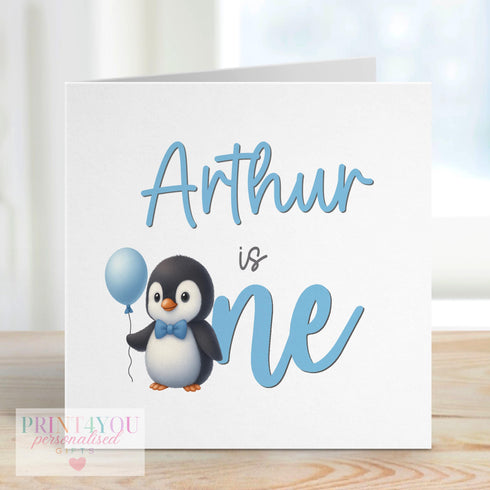 Personalised 1st Birthday Card β Blue Penguin Design β Any Name β Age One β 6x6"