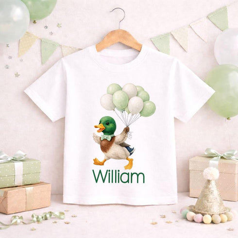 Personalised Duck T Shirt with Balloons, Cute Mallard Duck Kids Name Tee, Animal Birthday Shirt for Boys, Custom Name Top