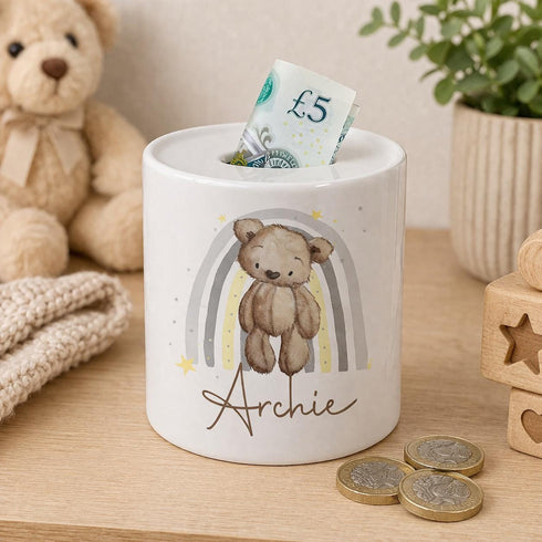 Personalised Teddy Bear Money Box – Ceramic Piggy Bank with Removable Stopper - No thanks