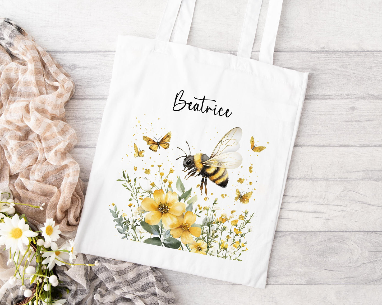 Personalised bumblebee tote bag with custom name and floral print on cotton fabric