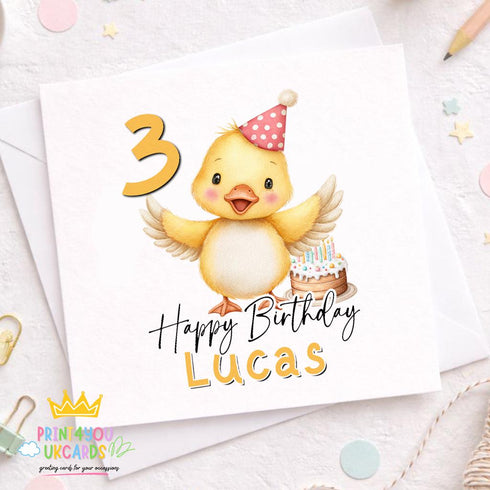 Square greeting card showing the duck birthday card with name & age design
