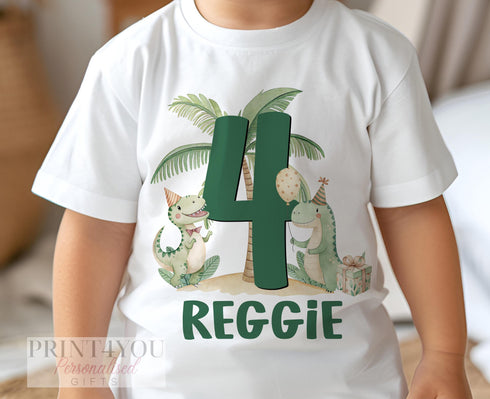 Personalised Dinosaur Birthday T-Shirt for Boys | Dino Party Tee with Age & Name | DTG Cotton Top | 6m-10yrs Birthday Outfit