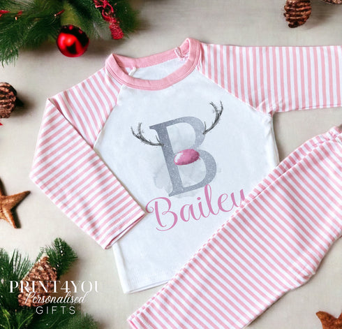 Personalised Pink & White Striped Children's Christmas Pyjamas - Antler Alphabet