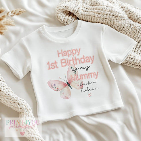 Happy 1st Birthday Mummy, Butterfly Baby Vest Sleepsuit, Personalised Gift from Baby Girl, First Birthday as My Mummy, Bodysuit T-Shirt