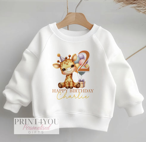 Personalised Birthday Age Sweatshirt Jumper For Children. Any Age, White Cotton Sweatshirt - Safari Giraffe, Number and name