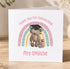 A personalized thank you card for a teacher named Mrs. Sythe, featuring a teddy bear wearing a graduation cap and holding a stack of books.