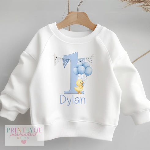 Personalised First Birthday Jumper, Birthday Sweatshirt for Children, I am One, Blue Balloon Duck Jumper