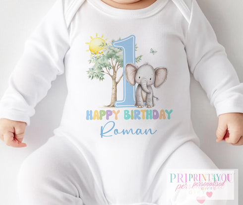 Personalised Blue Elephant 1st Birthday Outfit | Custom Baby Vest, Sleepsuit, T-Shirt or Bib | Baby Boy Test | First Birthday Gift
