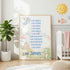 a poster with a list of personal qualities and a dragon illustration, placed in a nursery setting with a crib and a potted plant.