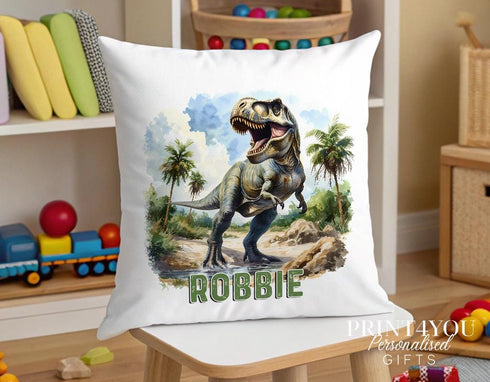 Personalised T-Rex Dinosaur Cushion: Custom Kids Name, Soft 40x40cm Cover