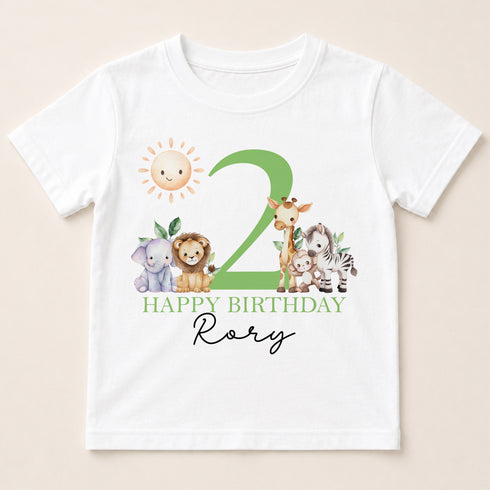 A white t-shirt with a graphic design featuring a green number 2, surrounded by various animal illustrations, and the text "Happy Birthday Rory".