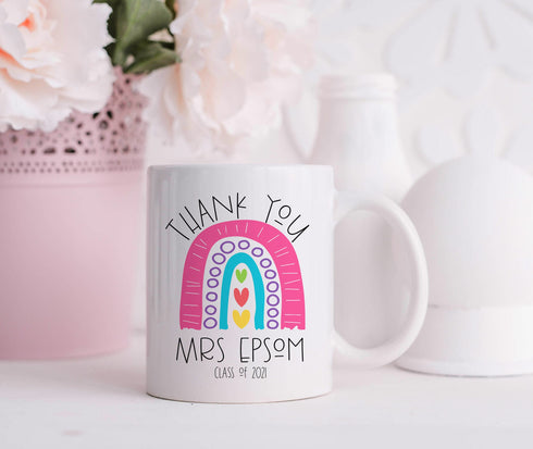 Thank You Teacher Mug – Personalised Ceramic Coffee Cup – End Of Term Gift - Pink handled Mug