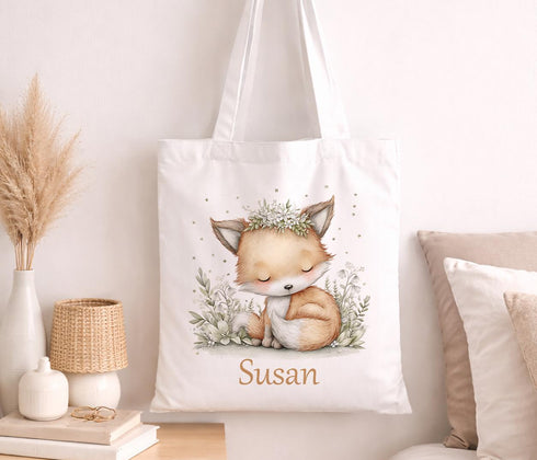 Personalised Fox Tote – Large Cotton Shopper Bag – Durable Shoulder Bag