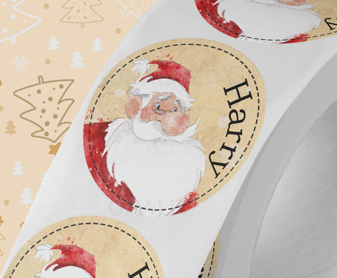 Personalised Vintage Santa Christmas Stickers | Glossy Round Labels | 5cm Roll or 4.5cm A4 Sheet | Custom Name Gift Seals