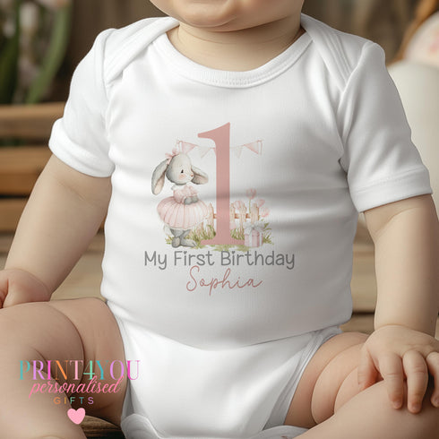 Children's clothing with the 1st birthday outfit bunny design