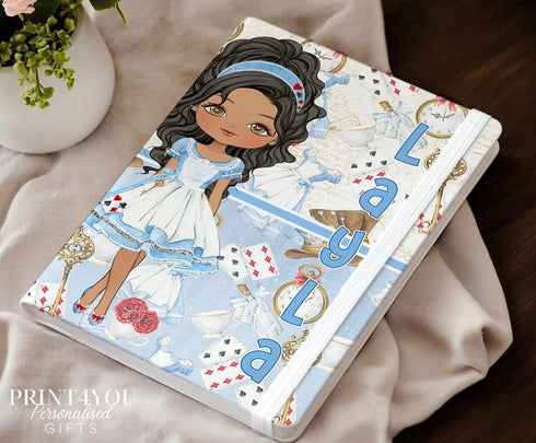 Personalised Alice in Wonderland Girl Notebook – Custom Name Journal, PU Leather UV Printed, 6 Character Styles, Lined Pages, Gift for Girls