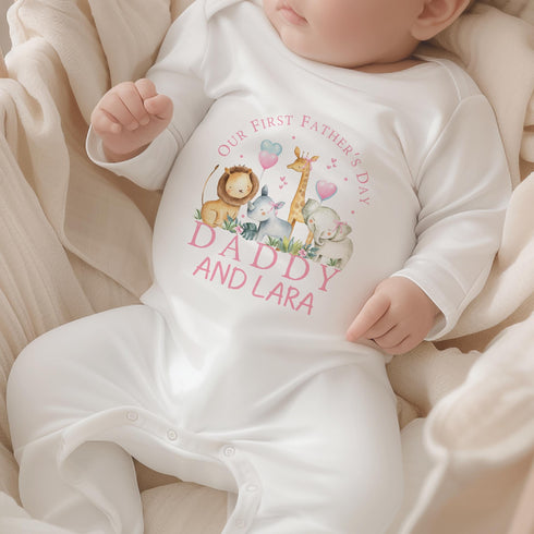 First Fathers Day Baby Vest – Personalised Pink Safari Animal Outfit With Popper Fastening