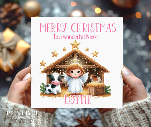 Personalised Nativity Christmas Card β Cute Manger Scene Design 3 β Any Name β 6x6β Square Card with Envelope β Granddaughter or Any Child