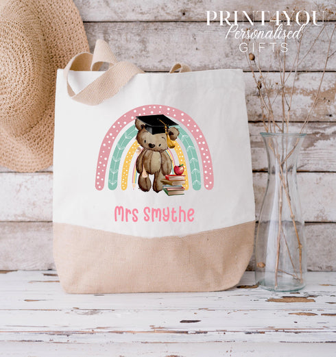 Personalised Teacher Jute Bag | Medium & XL Tote | Custom Gift for Teacher | Eco Tote Bag | Rainbow Teddy Design | End of Term Gift