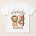 A white t-shirt with a birthday boy design, featuring a lion and balloons, along with the text "Birthday Boy Ruben" and the number "4".