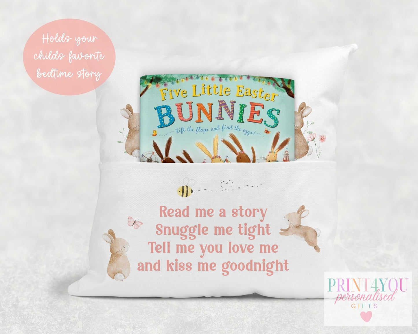 Soft brushed polyester personalised bunny rabbit and blue train cushion for kids
