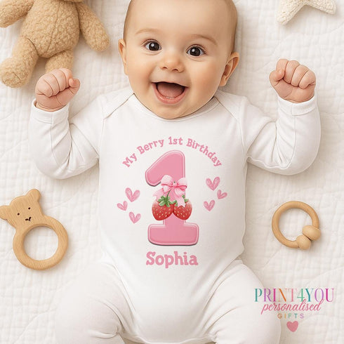 Personalised My Berry First Birthday | Berry 1st Birthday Baby T-Shirt | Pink Strawberry Birthday Outfit for Girls | Sleepsuit Vest and Bib
