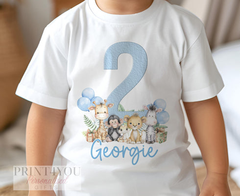 Personalised Safari Birthday Tshirt – Blue Jungle Birthday Tee With Custom Name & Age - 1