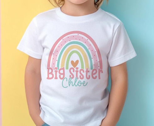 Personalised Big Middle and Little Sister Rainbow Cotton T-Shirts - Ideal Gift for New Siblings Pregnancy Announcement